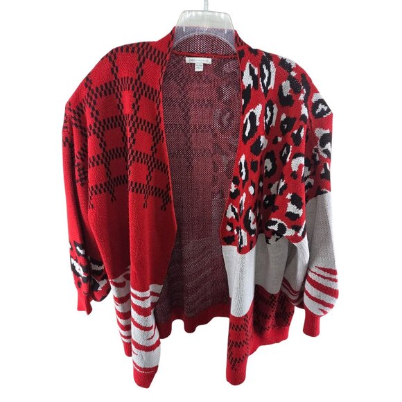 Cato Women's Knit Cardigan Sweater Open Front Mixed Print Red Black Size 26/28W - Picture 1 of 9